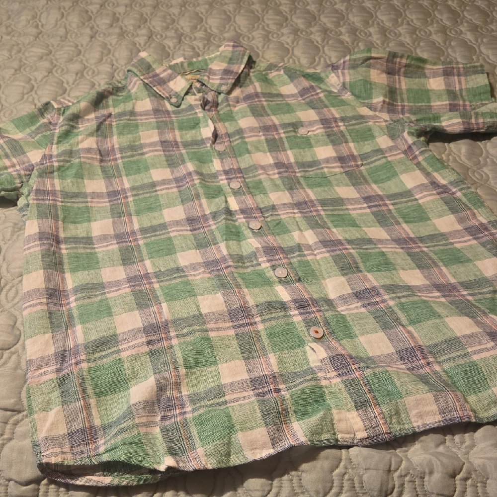 Weatherproof Linen Green and White Plaid Button-Down Shirt